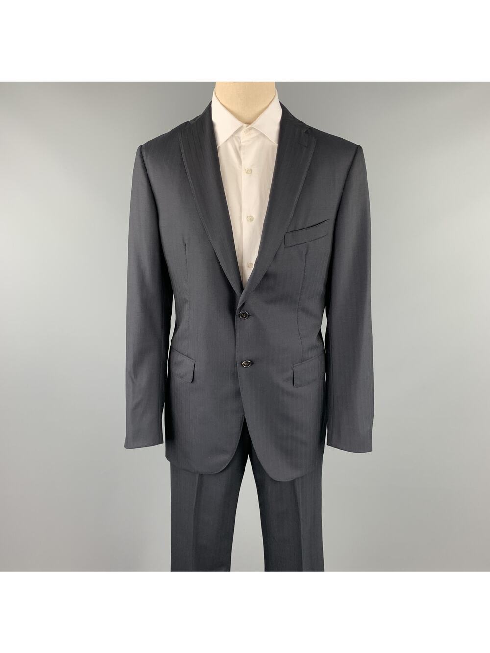 BELVEST Size 42 Long Black Stripe Wool Notch Lapel Suit